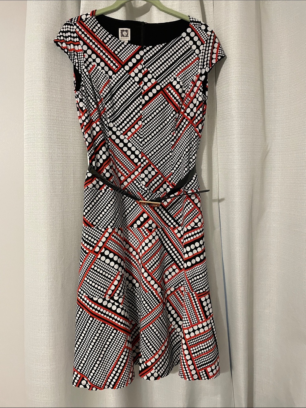 Anne Klein Black, White & Red Geometric Fit-and-Flare Dress